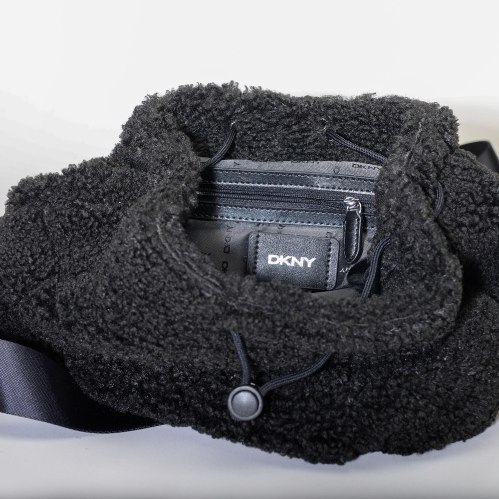 DKNY Black fleece Textured Drawstring Backpack